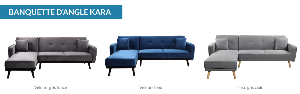The colors of the Kara corner bench: blue, dark gray and light grey
