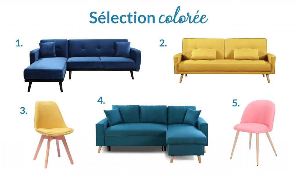 Selection of colorful furniture at low prices